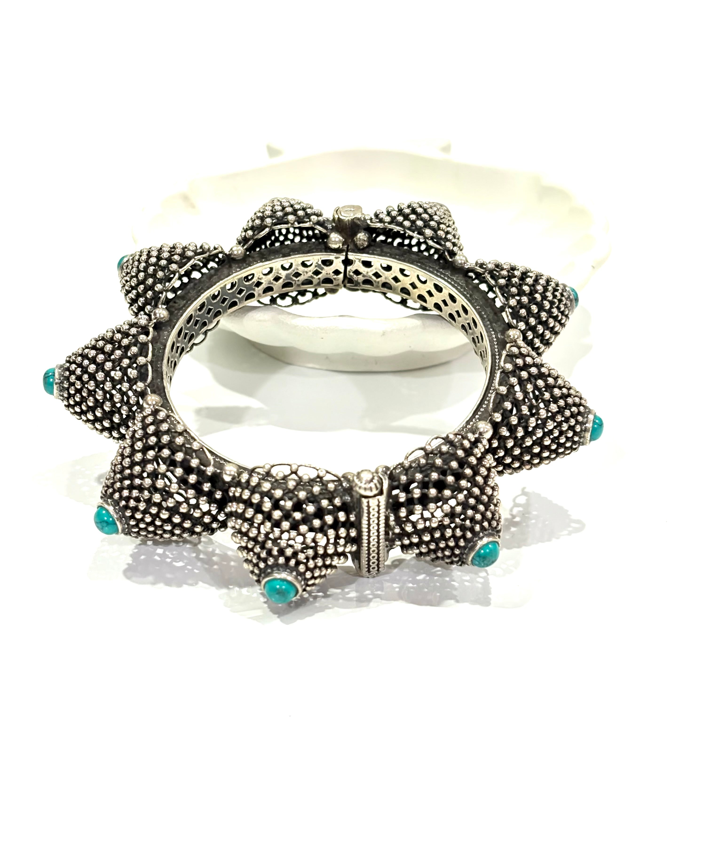 Antique Handcrafted Silver Bangle with Turquoise Accents