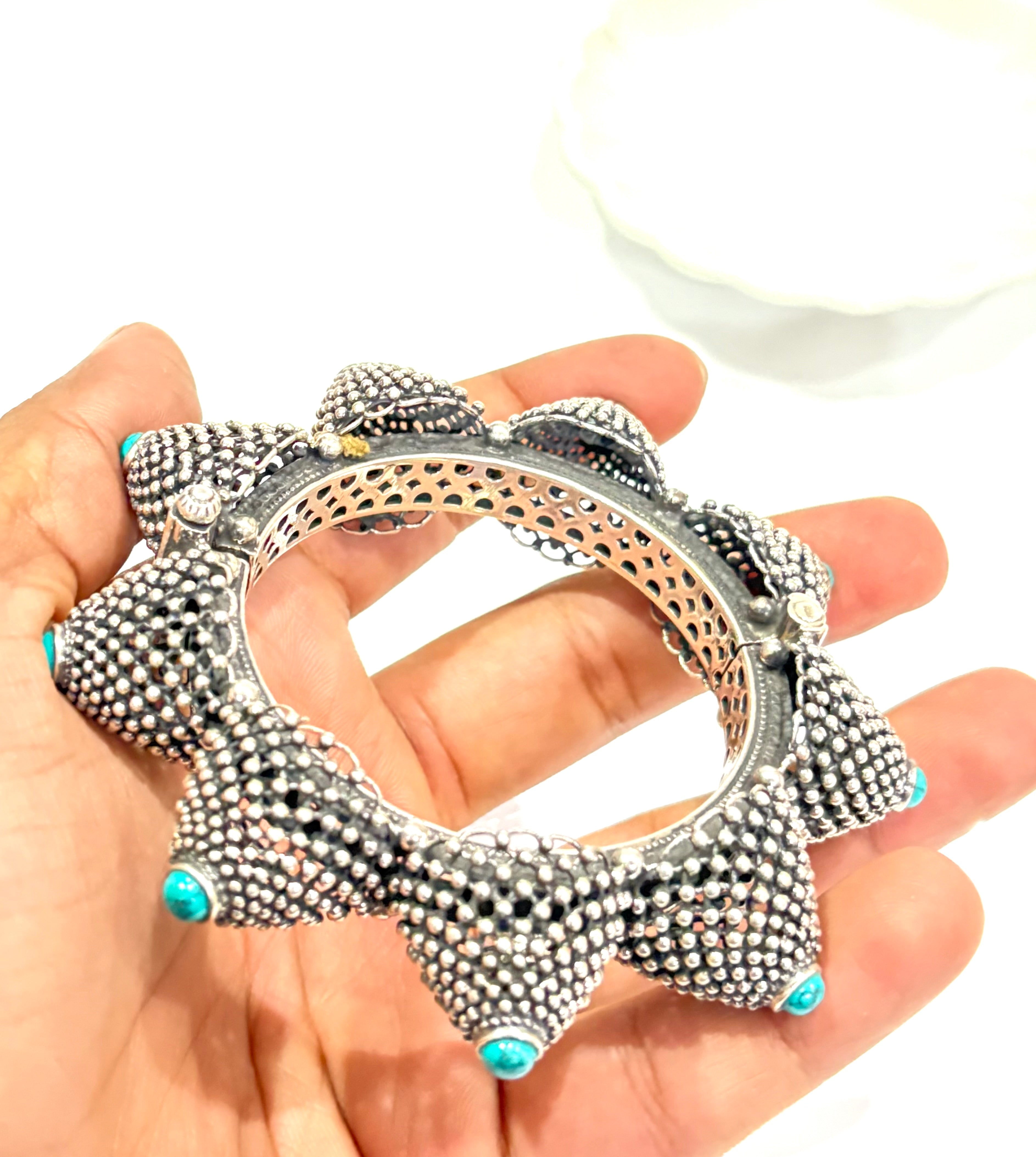 Antique Handcrafted Silver Bangle with Turquoise Accents