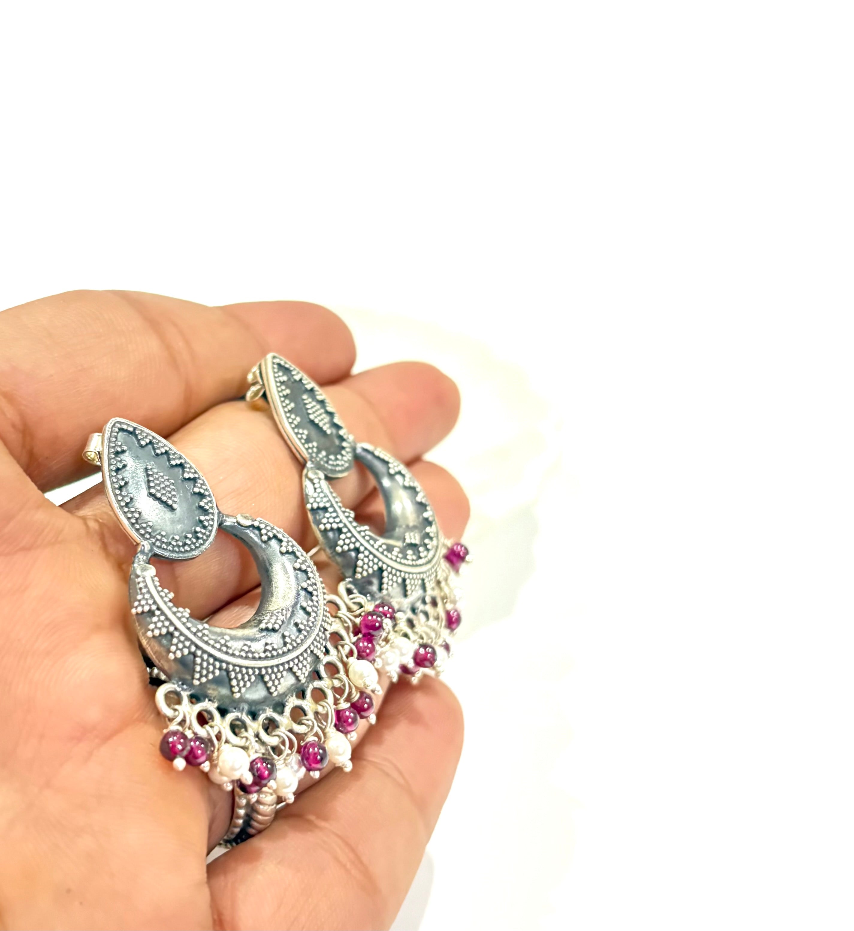 Silver Oxidised Chandbali Earrings with Beads