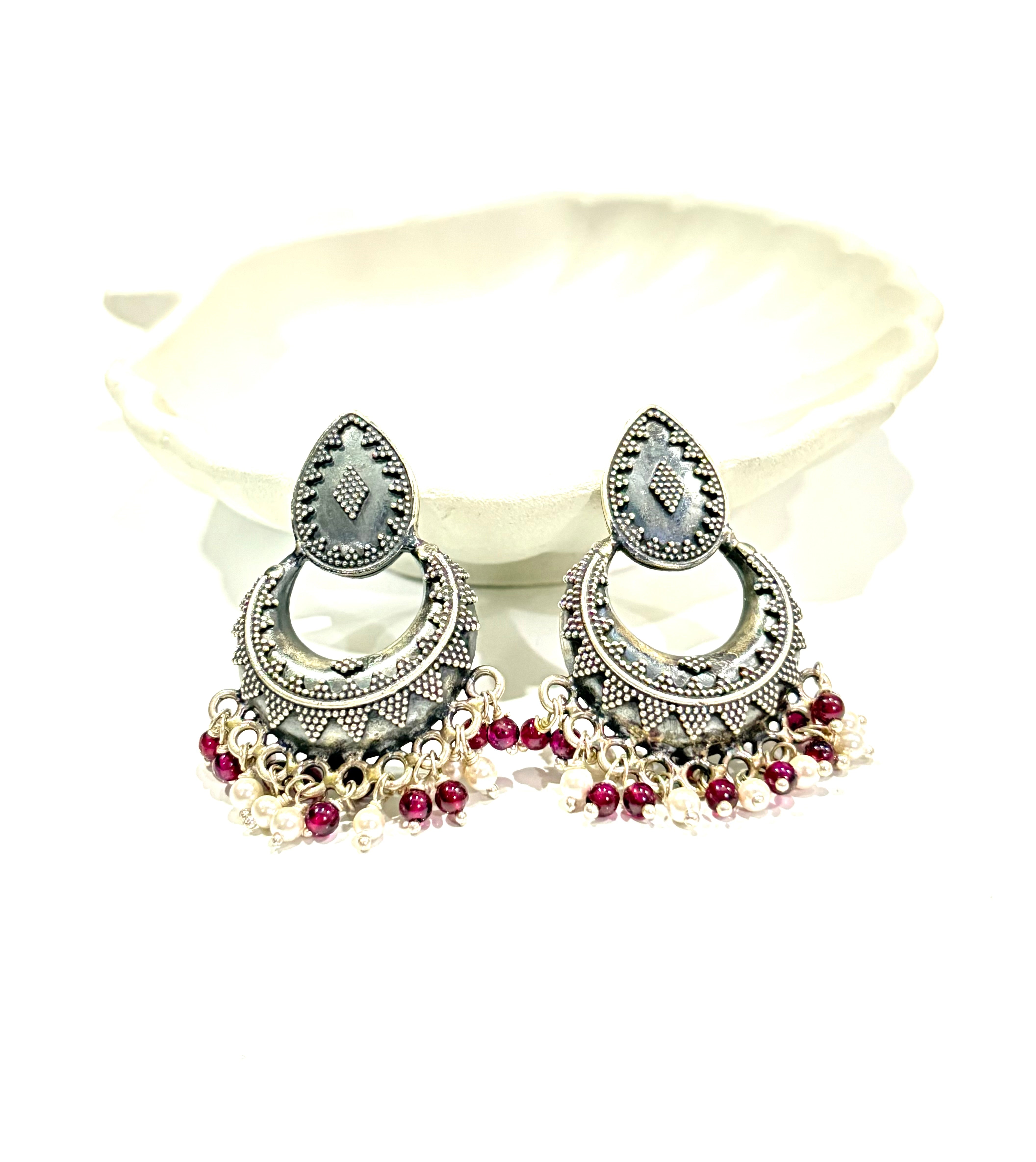 Silver Oxidised Chandbali Earrings with Beads