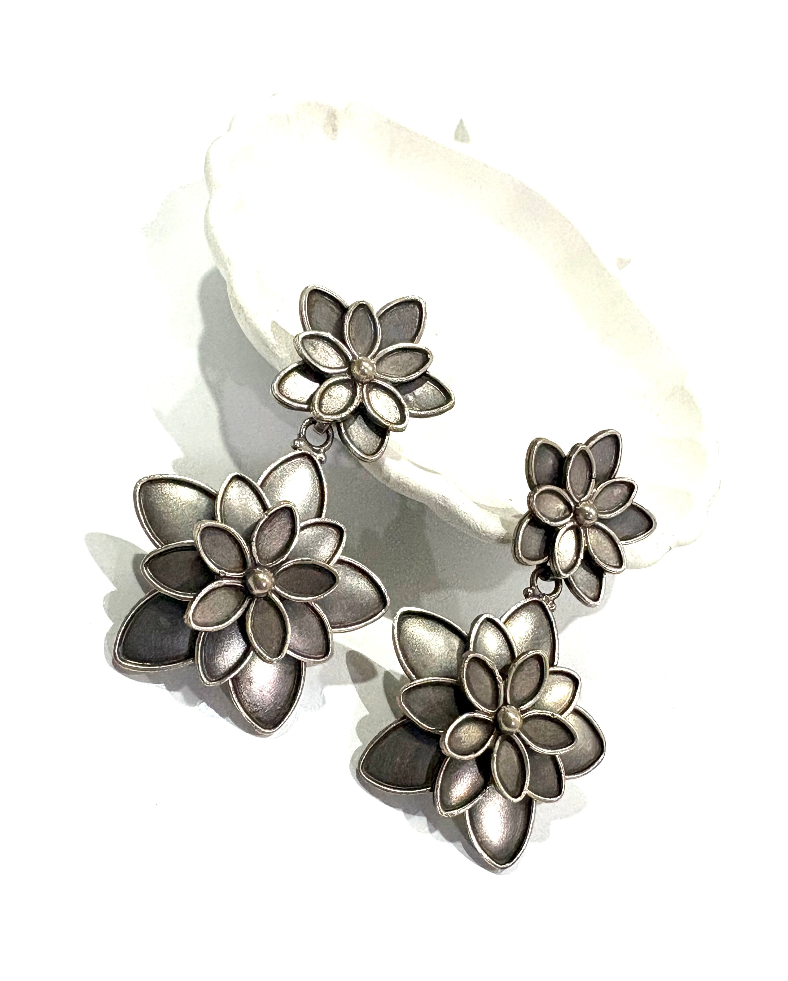 Silver Double Layered Floral Earrings