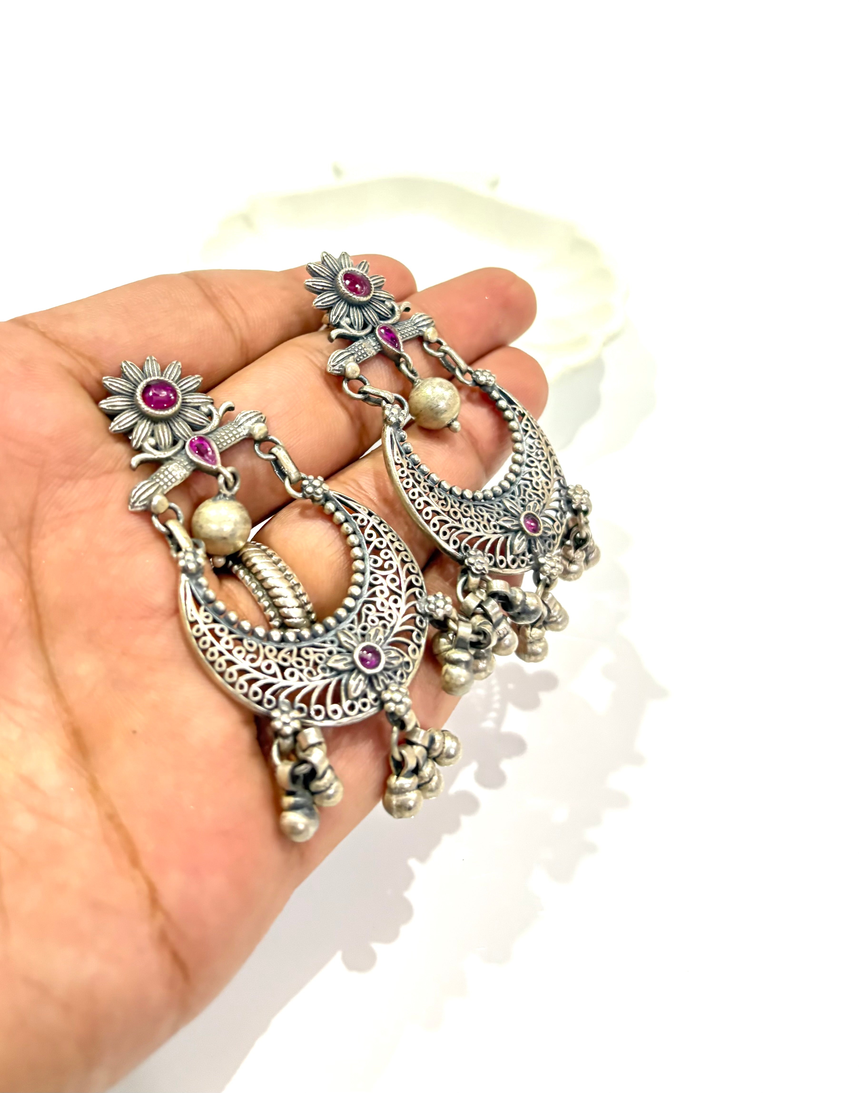 Silver Oxidised Chandbali Earrings