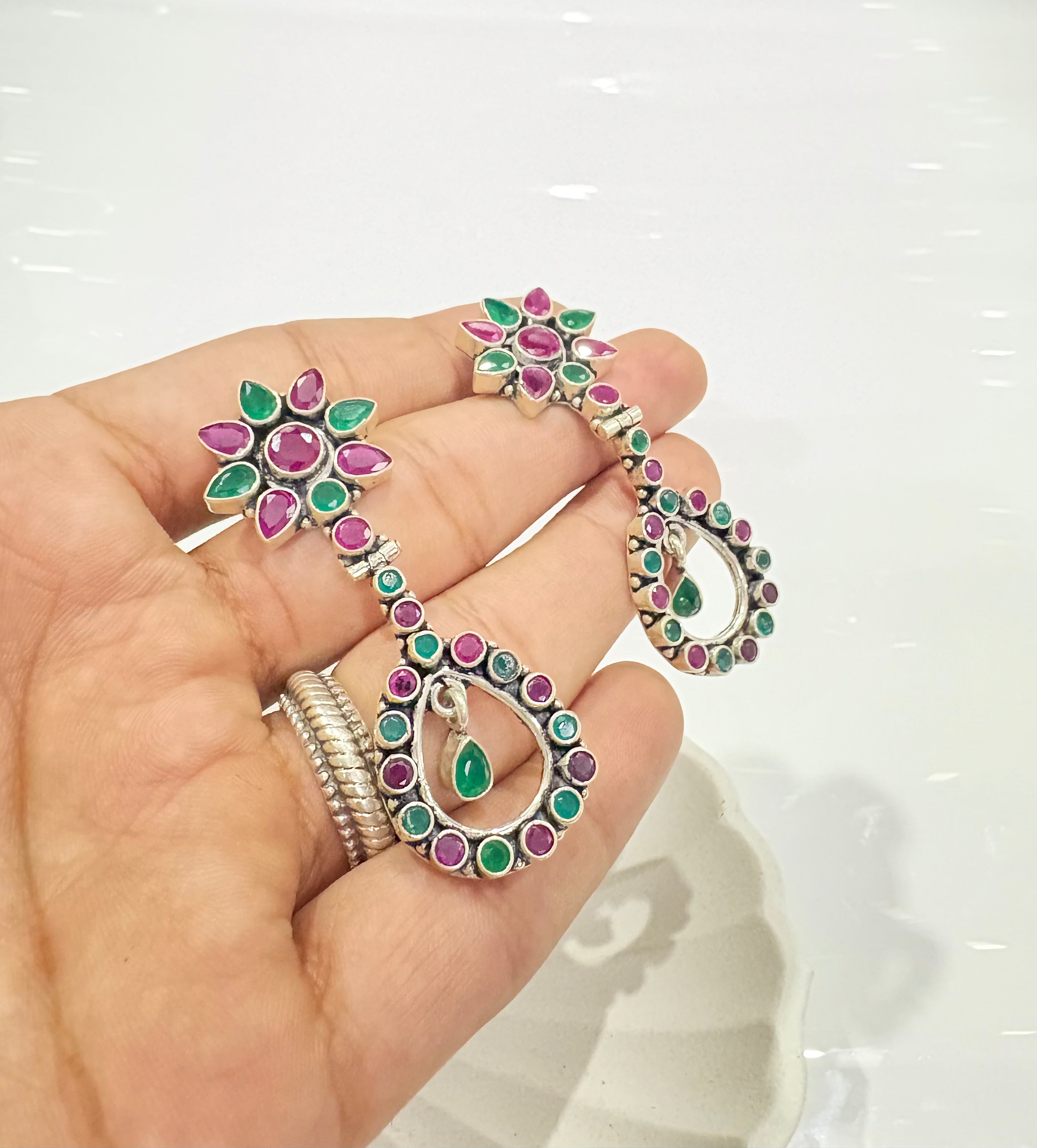 Silver Floral & Peacock Stone Earrings