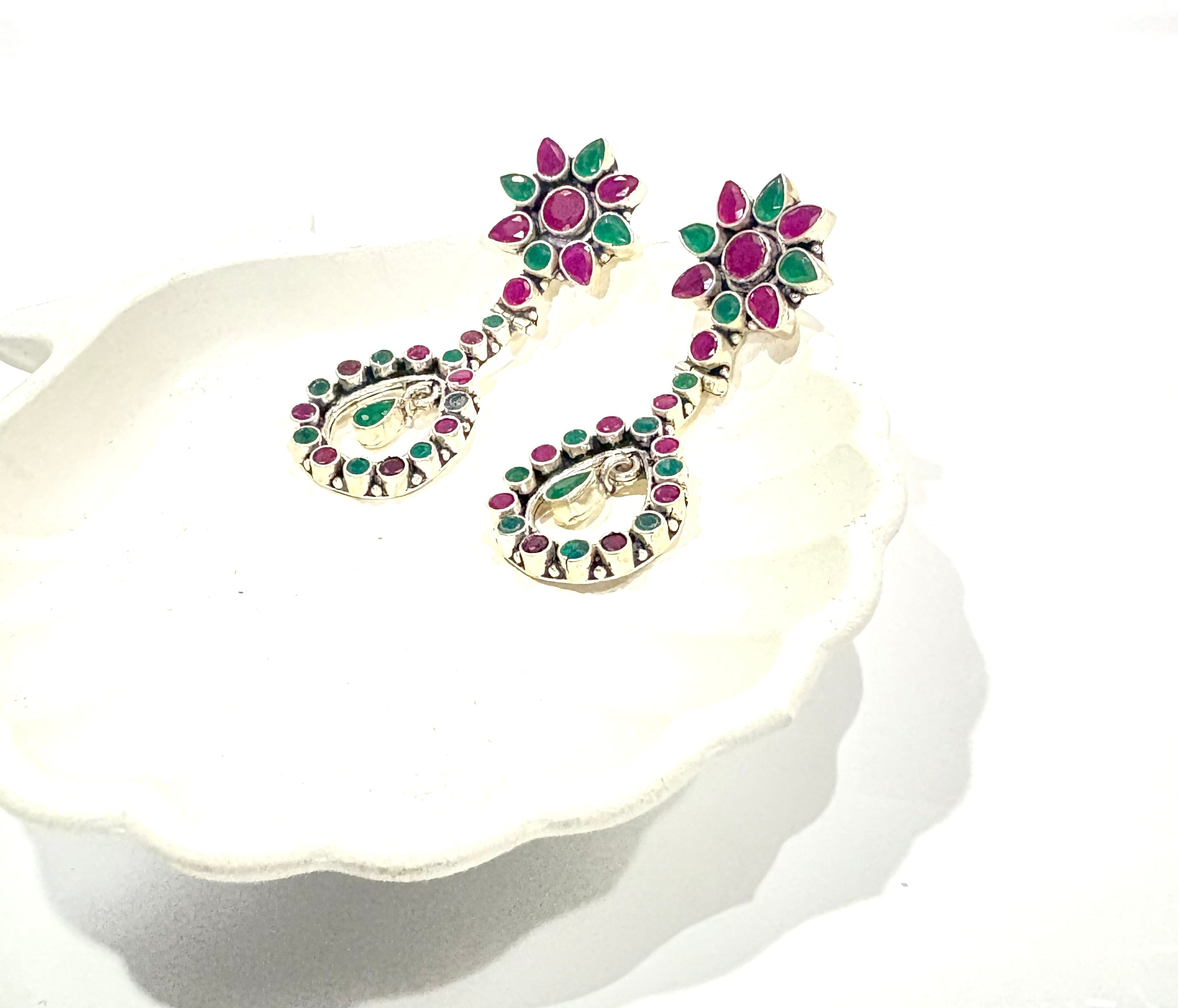 Silver Floral & Peacock Stone Earrings